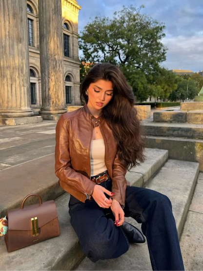 Retro Solid Stand Up Collar Women's Leather Jacket Slim Fit Long Sleeved Zipper Motorcycle Coats Chic High Street Lady Outerwear