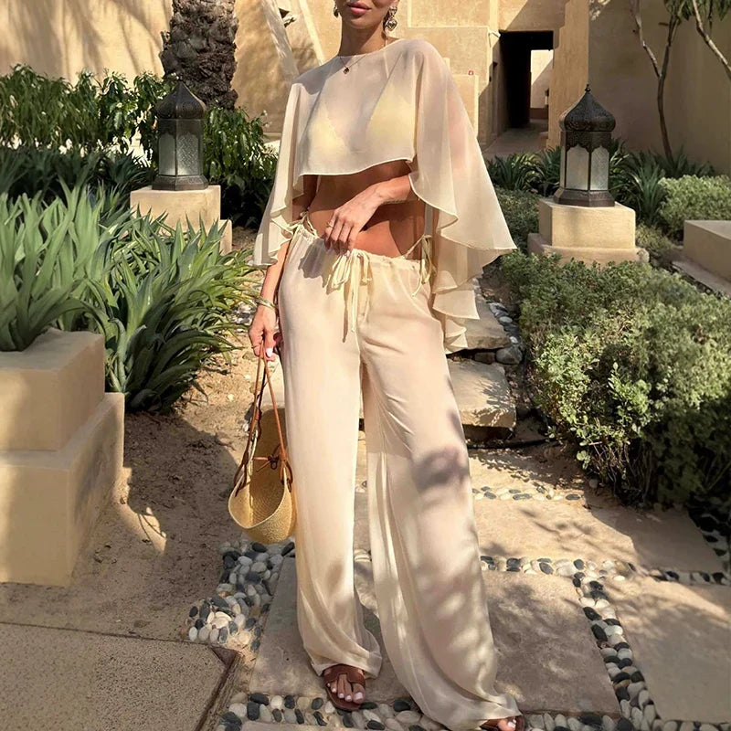 Elegant Solid Perspective Loose Suit Casual Chiffon Shirt Travel Vacation Outfit Fashion Irregular Cape Style Top+Pants 2pc Set