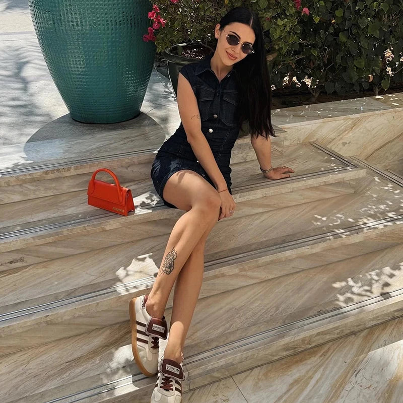 Turn Down Collar Sleeveless Denim Dress Single Breasted Short Dress For Women 2025 New Tight Navy Blue Summer Dresses Vestidos