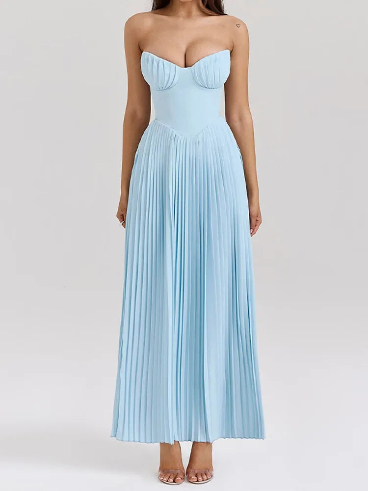 Pleated Scoop Neck Spaghetti Strap Maxi Dress