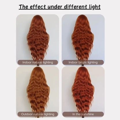 Long Ginger Wavy 13×4 Lace Front Synthetic Wig For Women Orange Heat Resistant Fiber Wig For Daily Party Use (32Inch)