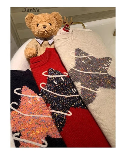 Creative Star Jacquard Cute Christmas Sweater 2025 New Round Neck Fashion Women Winter Pullover Top