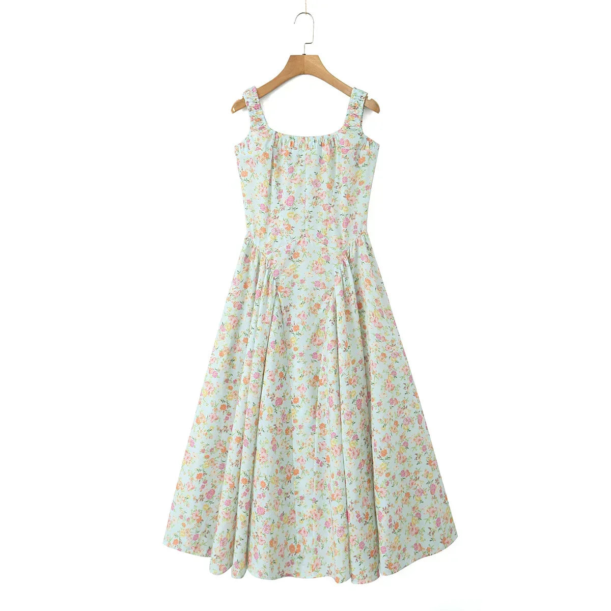 Square Neck Ruffle Strap Ditsy Floral Fit and Flare Midi Dress