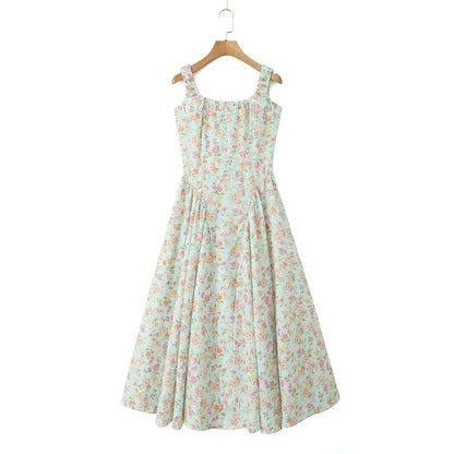 Square Neck Ruffle Strap Ditsy Floral Fit and Flare Midi Dress
