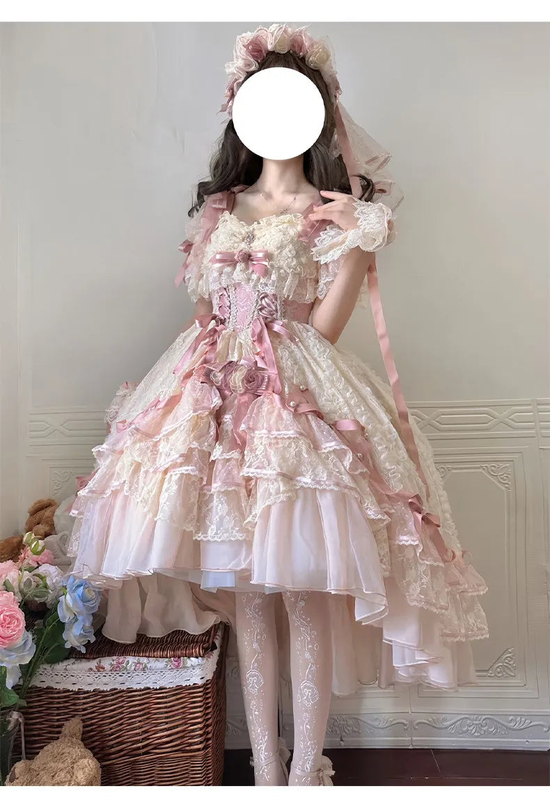 A wedding dress with shorter front and longer back for student's birthday coming-of-age ceremony