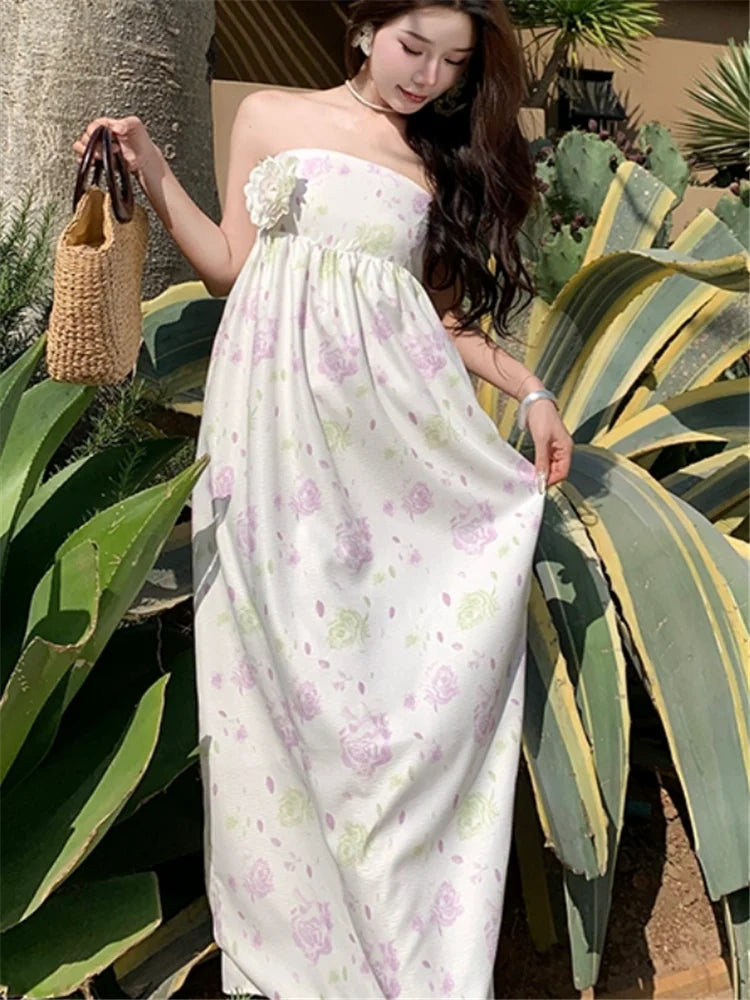 New Summer Holiday Beach Fashion Flower Dress Strapless Women Slash Neck Long Dress Floral Print Sleeveless Resort Seaside Dress