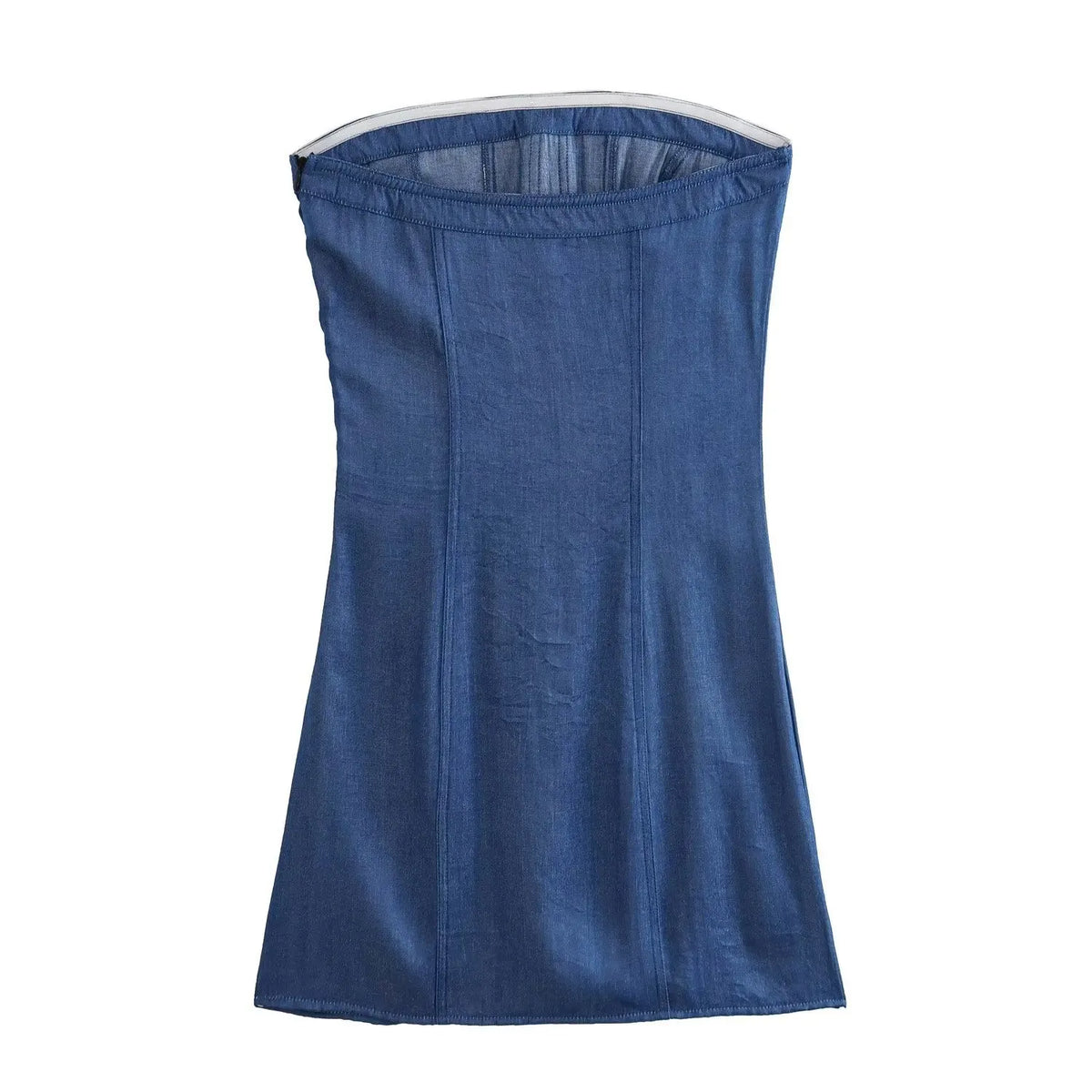 Women Slim Waist A-lined Robe Sexy Summer Dark Blue Polyester Cotton Denim Mini Strapless Dress