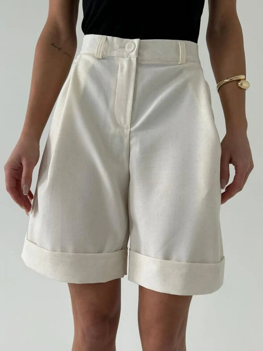 High Waisted Bermuda Shorts Women Elegant Pleated Wide Leg Shorts Linen Cuffed Office Lady Summer Shorts Casual Cotton New