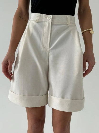 High Waisted Bermuda Shorts Women Elegant Pleated Wide Leg Shorts Linen Cuffed Office Lady Summer Shorts Casual Cotton New
