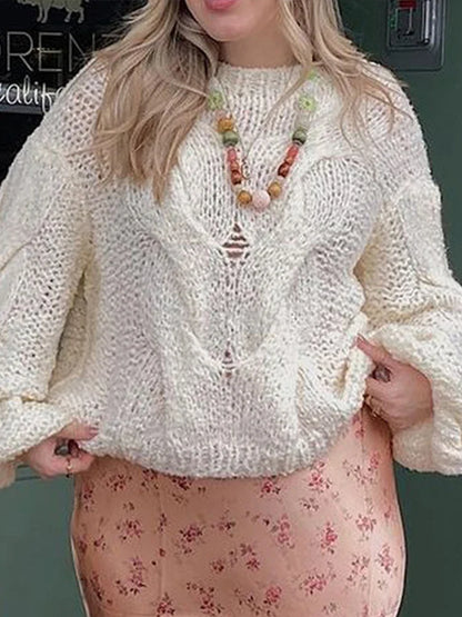 Vintage Knit Women Sweaters Lazy O-neck Full Sleeves Twist Female Pullover Autumn Winter Casual Oversize Lady Knitwear Tops