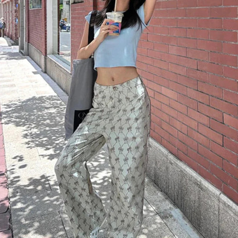 Y2k Vintage Baggy Pants Woman America Retro Casual Wide Leg Bow Print Trousers Sweet Harajuku High Street Pantalones