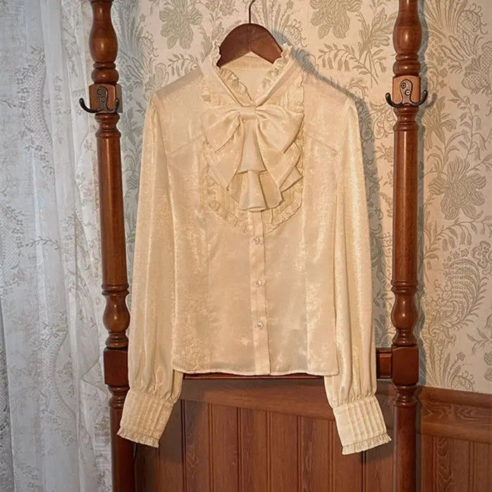 Lolita Detective Academy Retro Bow Tie Long Sleeve Shirts Autumn Victorian Elegant Ruched Solid All Match Women Blouse
