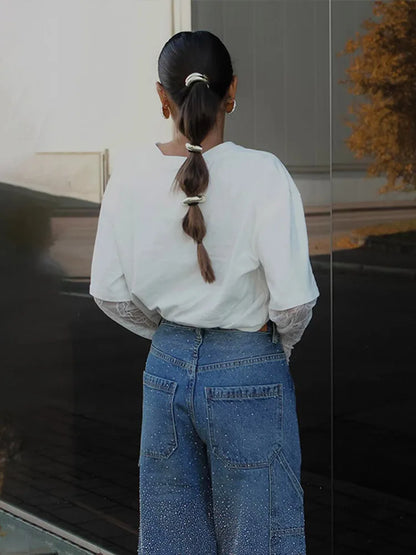 Chic Rhinestone Straight Denim Pants Women Vintage Loose High Waist Cowboy Long Pant Female New Design Spring Chic Streetwear