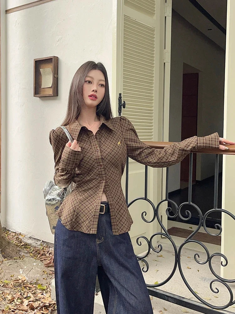 Vintage Plaid Shirt Women Brown Embroidered Waistband Tied Blouse Puff Sleeve Tops Spring Slim Button Up Clothes Chic