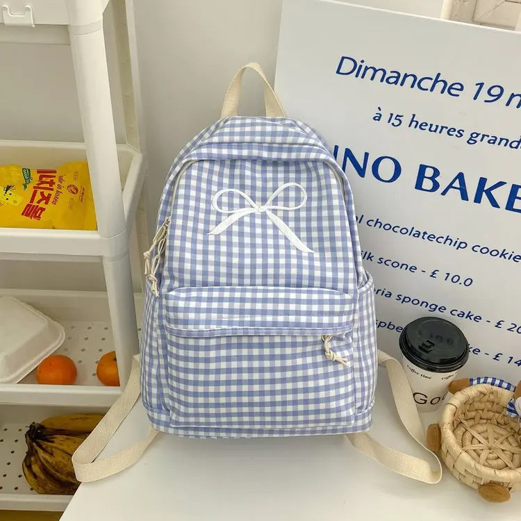 Y2k Aesthetic Bow Contrast Color Plaid Backpack Women Casual High-capacity Ins Schoolbags Fashion Chic Ins Backpacks for Sudents