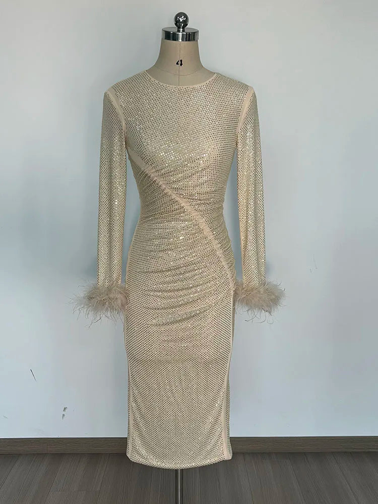 Crew Neck Crystal Embellished Ruched Feather Cuff Midi Dress