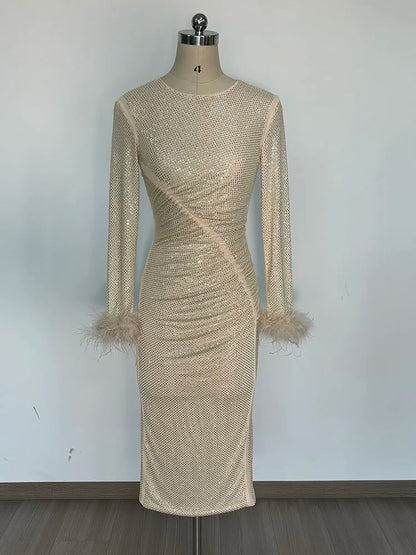 Crew Neck Crystal Embellished Ruched Feather Cuff Midi Dress