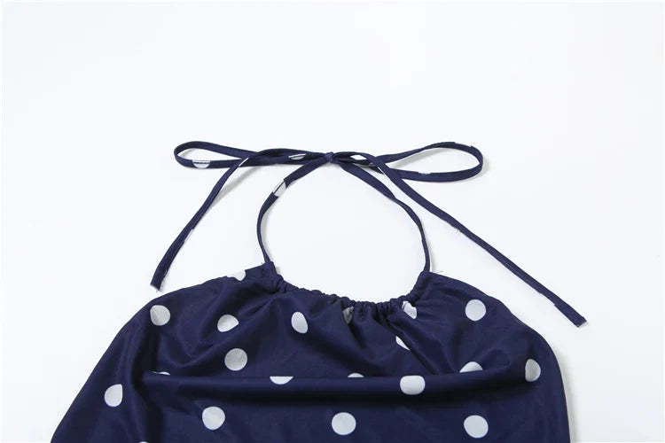 Sexy Polka Dot Print 2-Piece Set Women Halter Bandage Halter Backless Sleeveless Mini Tops+Straight Skirt Matching Suit