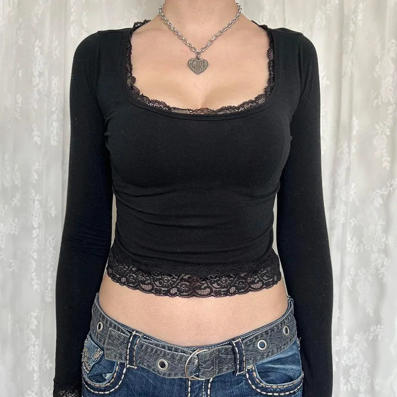 Women Lace Trim Long Sleeve Slim Fits Tops y2k Clothes Basic Harajuku Tees 2000s Graphic T Shirt Vintage