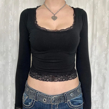 Women Lace Trim Long Sleeve Slim Fits Tops y2k Clothes Basic Harajuku Tees 2000s Graphic T Shirt Vintage