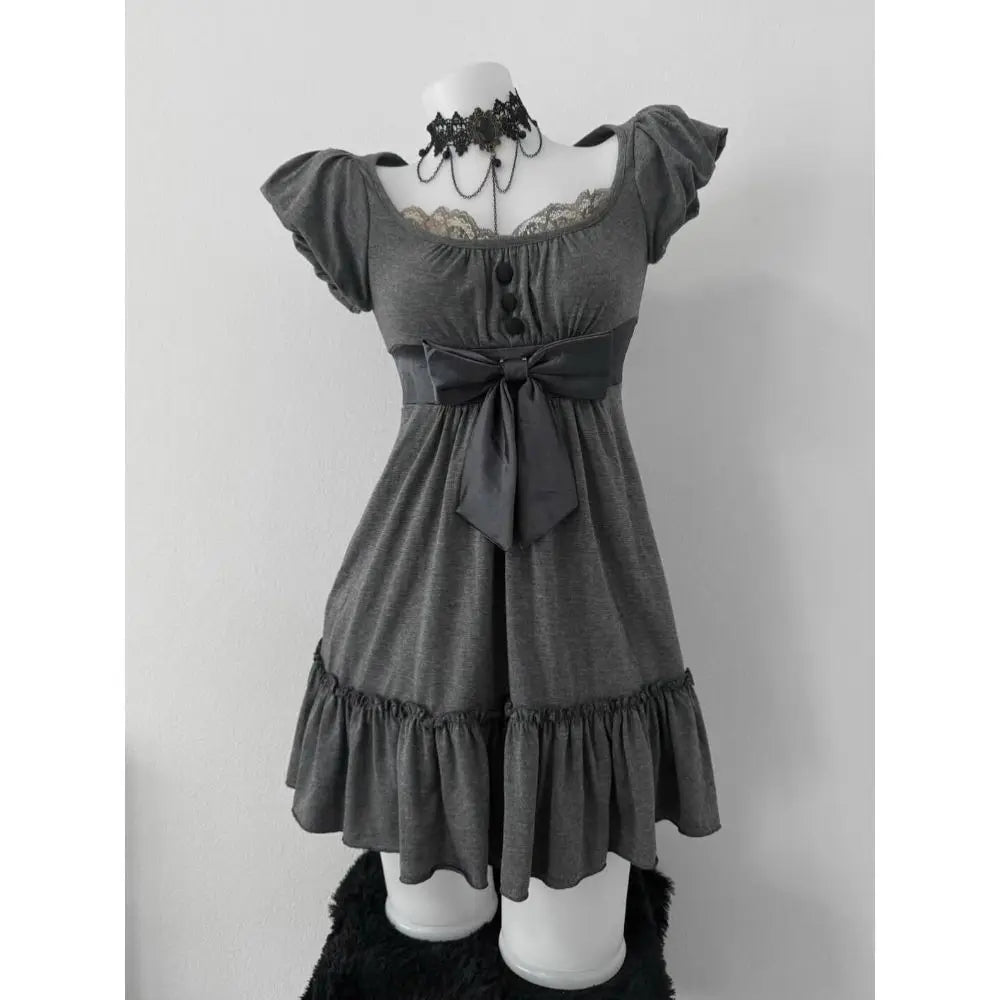 Gray Retro Vintage Square Neck Bow A Word Skirt Vintage Dress Short Skirt