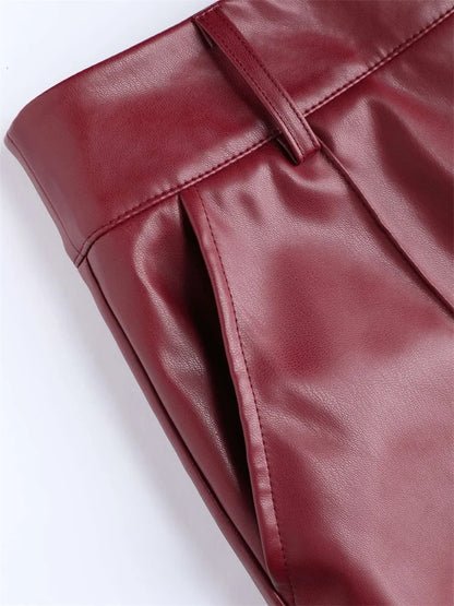 Women High Waist Matte Leather Straight Pants Casual Loose Trousers With Pocket Vintage Burgundy PU Pants Party Cutstom Clubwear