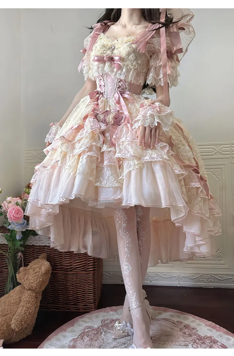 A wedding dress with shorter front and longer back for student's birthday coming-of-age ceremony