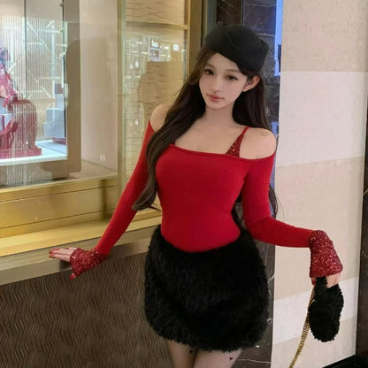 Spicy Girl Christmas Red Cinched Waist Top Patchwork Sequined One-shoulder Long-sleeved T-shirt for Women Autumn/Winter