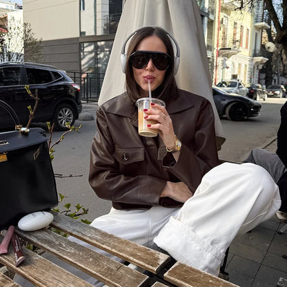 Elegant Brown Leather Cropped Jacket Women Fashion Laple Single Breasted Long Sleeves Coats Autumn Lady High Street Outwears