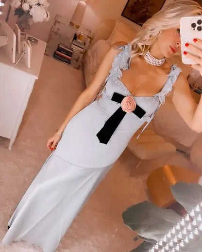 Boho Inspired maxi dress blue Ruffled chiffon straps velvet bow sexy party dresses new blackess summer dress elegant female