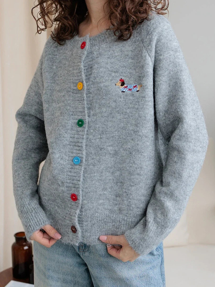 Little Dog Embroidery Cardigan Autumn O Neck Single Breasted Knitted Outerwear Women Simple Fashion Casual Long Sleeve Jumper