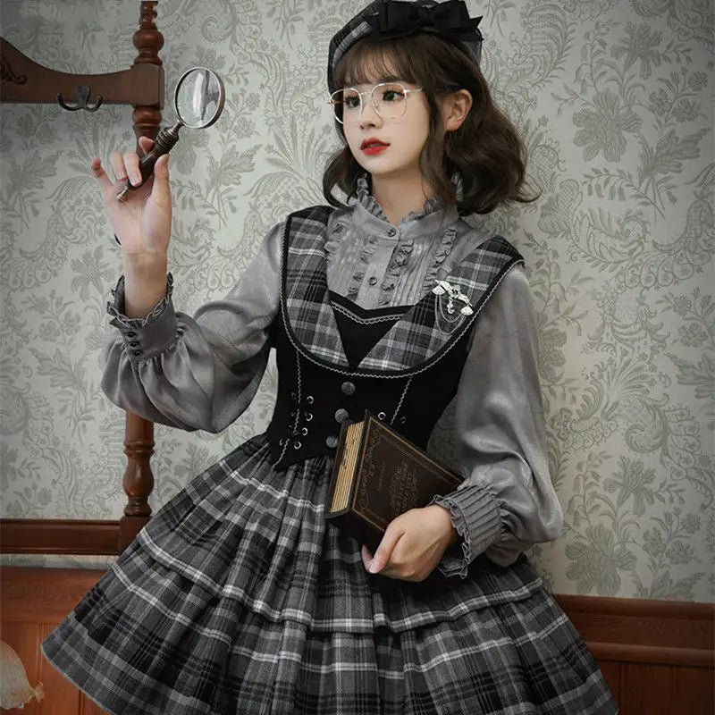Lolita Detective Academy Retro Bow Tie Long Sleeve Shirts Autumn Victorian Elegant Ruched Solid All Match Women Blouse