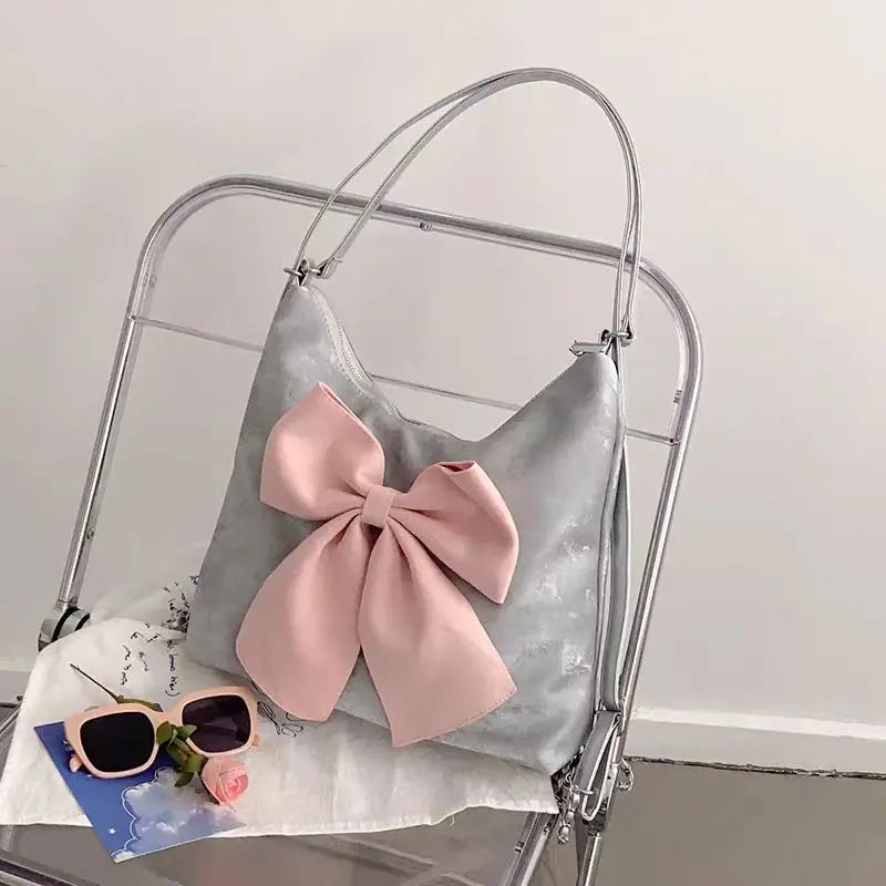 Pink Bow Womens Shoulder Bag Korean Style Fashion Large Capacity Sweet Backpack Cute Exquisite Elegant New Female Tote Bag