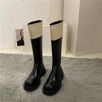 Middle Heel Platform Shoes for Woman Black Footwear Long Winter Knee High Shaft Round Toe Women's Boots Cosplay Pu Spring Autumn