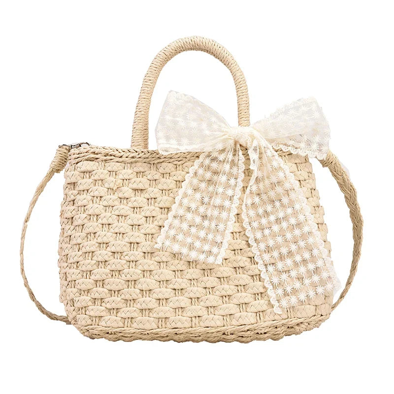 Luxury Designer Women's Hand Woven Straw Bag Summer New Bohemian Beach Seaside Travel Handbag Lace Bow Drawstring Tote Picnic