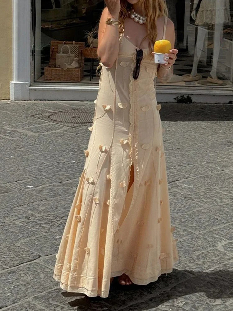 Fashion 3d Flower Women Sling Maxi Dress Elegant V-neck Backless Split A-line Dresses 2024 Summer Lady Solid Beach Party Robes