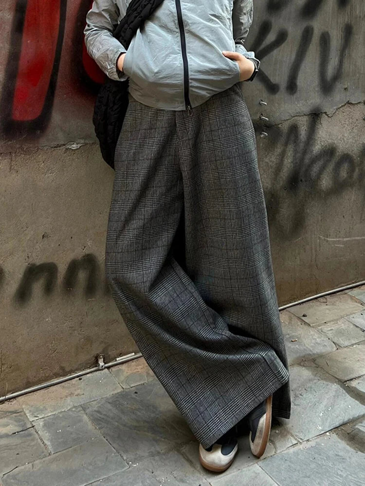 Vintage Women Tartan Bootcut Suit Pants Checkered Draped Tweed Long Trousers High Waist Wide Leg Pants Casual Streetwear
