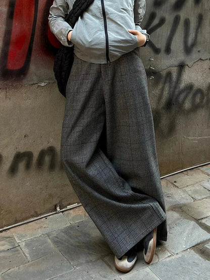 Vintage Women Tartan Bootcut Suit Pants Checkered Draped Tweed Long Trousers High Waist Wide Leg Pants Casual Streetwear