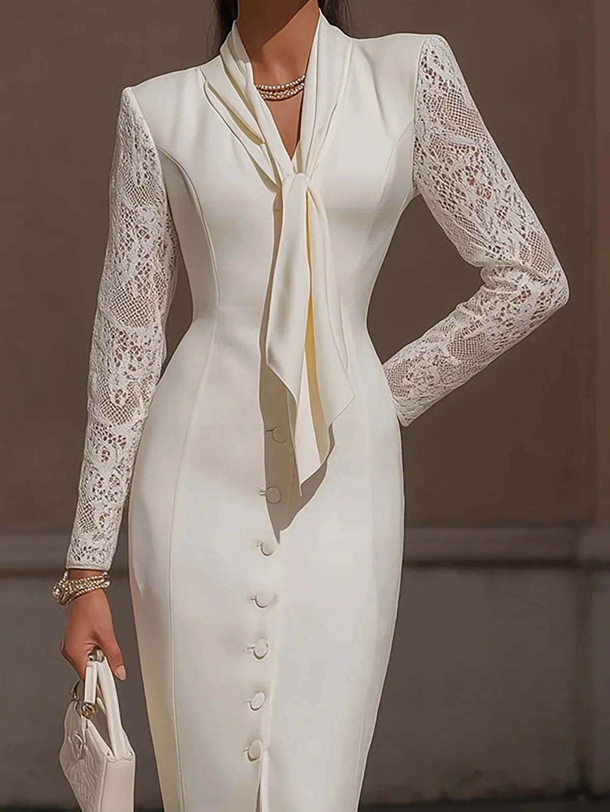 Elegant Lace Sleeve Midi Dress for Women Tie Neck Button Front Bodycon Slim Fit Office Cocktail Dress Spring Autumn
