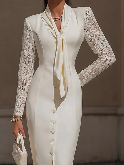 Elegant Lace Sleeve Midi Dress for Women Tie Neck Button Front Bodycon Slim Fit Office Cocktail Dress Spring Autumn