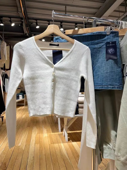 Ribbed Knitted Cardigan Women Autumn Winter Clothes Long Sleeve Streetwear Fashion Y2K Crop Tops Slim Fit Sweater Female