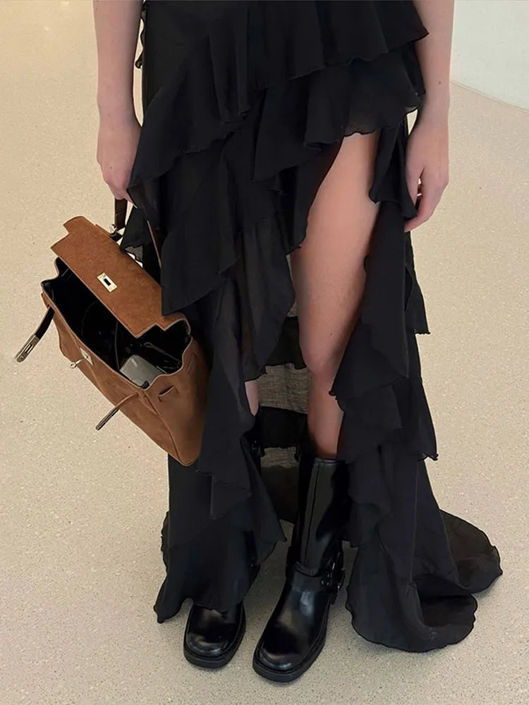 Chic Ruffle Backless Dress Women Slash Neck Sleeveless Lace Up Irregular Hem Floor-length Dresses Female 2025 Spring Lady Robe