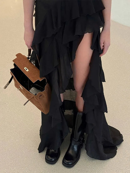 Chic Ruffle Backless Dress Women Slash Neck Sleeveless Lace Up Irregular Hem Floor-length Dresses Female 2025 Spring Lady Robe