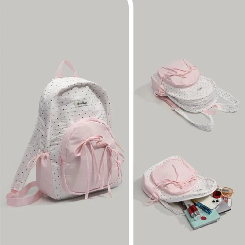 Patchwork Contrast Color Dot Bow Backpack Woman Kawaii Cute Y2K Aesthetic Sweet Schoolbag Ladies High Capacity Chic Mochila 2025