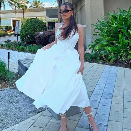 Sexy Deep V Hollow Halterneck Large Hem Dress For Women Solid High Waisted Backless Splice Summer New Vacation Long Dress