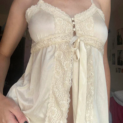 Lace Patchwork Button-up Camisole Fairycore Aesthetic Lace-up Sleeveless Tops Coquette V-neck Corset French Style Vest