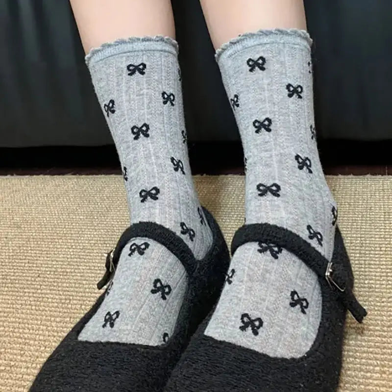 Summer Thin Bow Dot Lace Mid Tube Socks Versatile Mesh Hollow College Style Sweet Stacked Socks Japanese JK Calf Socks for Women