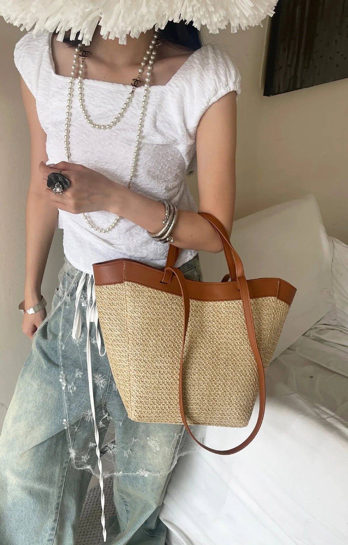 Summer Large Capacity Tote Bag Women Shoulder Bag Handmade Woven Bag Fresh Rural Handheld Grass Woven Women Bag