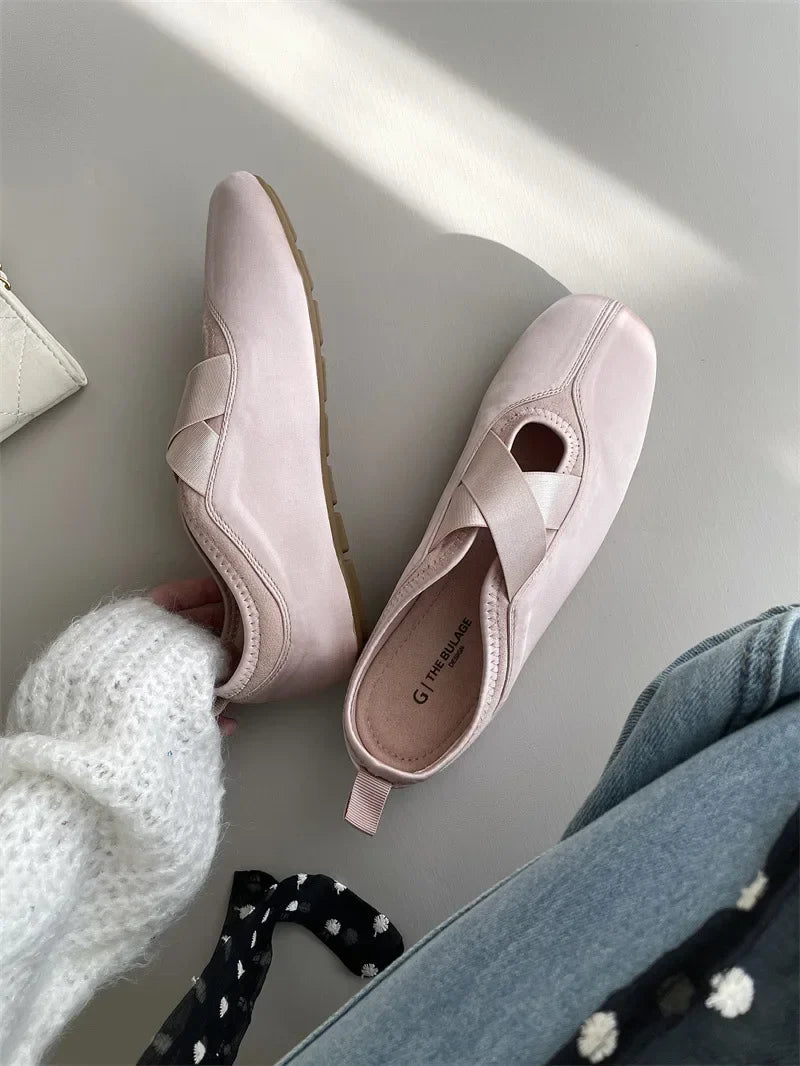 New Women's Ballet Slippers Pink Soft Sole Shallow Heel Round Head Fiberglass Fabric Retro Style Low Heel