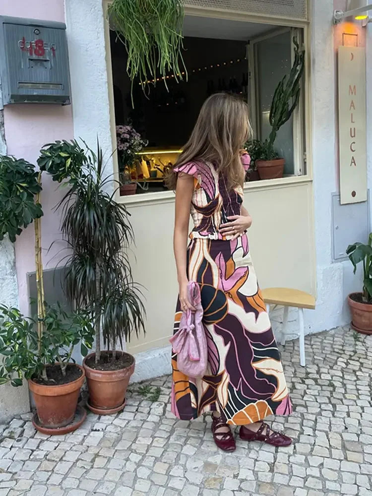 Summer Women's Printed Long Skirt Suit Casual O-neck Fly Sleeve Slim Pleated Tops Two-piece Set 2024 Lady Vacation Beach Outfits